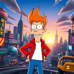 A vibrant, Pixar-style rendition of Fry from Futurama, showcasing his iconic red jacket and blue pants in a whimsical and colorful futuristic setting