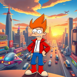A vibrant, Pixar-style rendition of Fry from Futurama, showcasing his iconic red jacket and blue pants in a whimsical and colorful futuristic setting