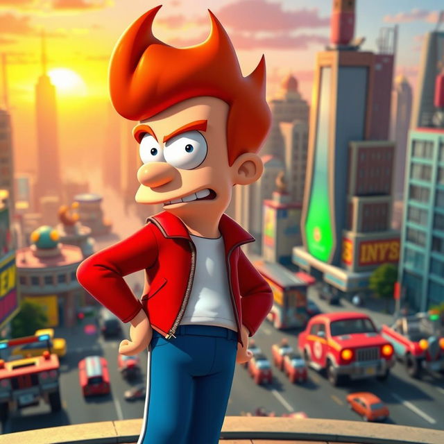 A vibrant, Pixar-style rendition of Fry from Futurama, showcasing his iconic red jacket and blue pants in a whimsical and colorful futuristic setting