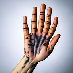 A detailed image of a hand with five fingers, each marked by distinctive burn scars.