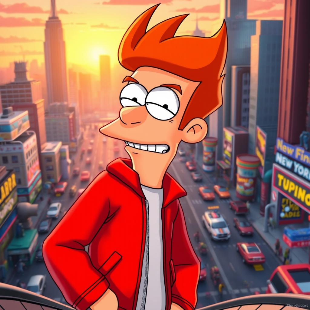 A vibrant, Pixar-style rendition of Fry from Futurama, showcasing his iconic red jacket and blue pants in a whimsical and colorful futuristic setting