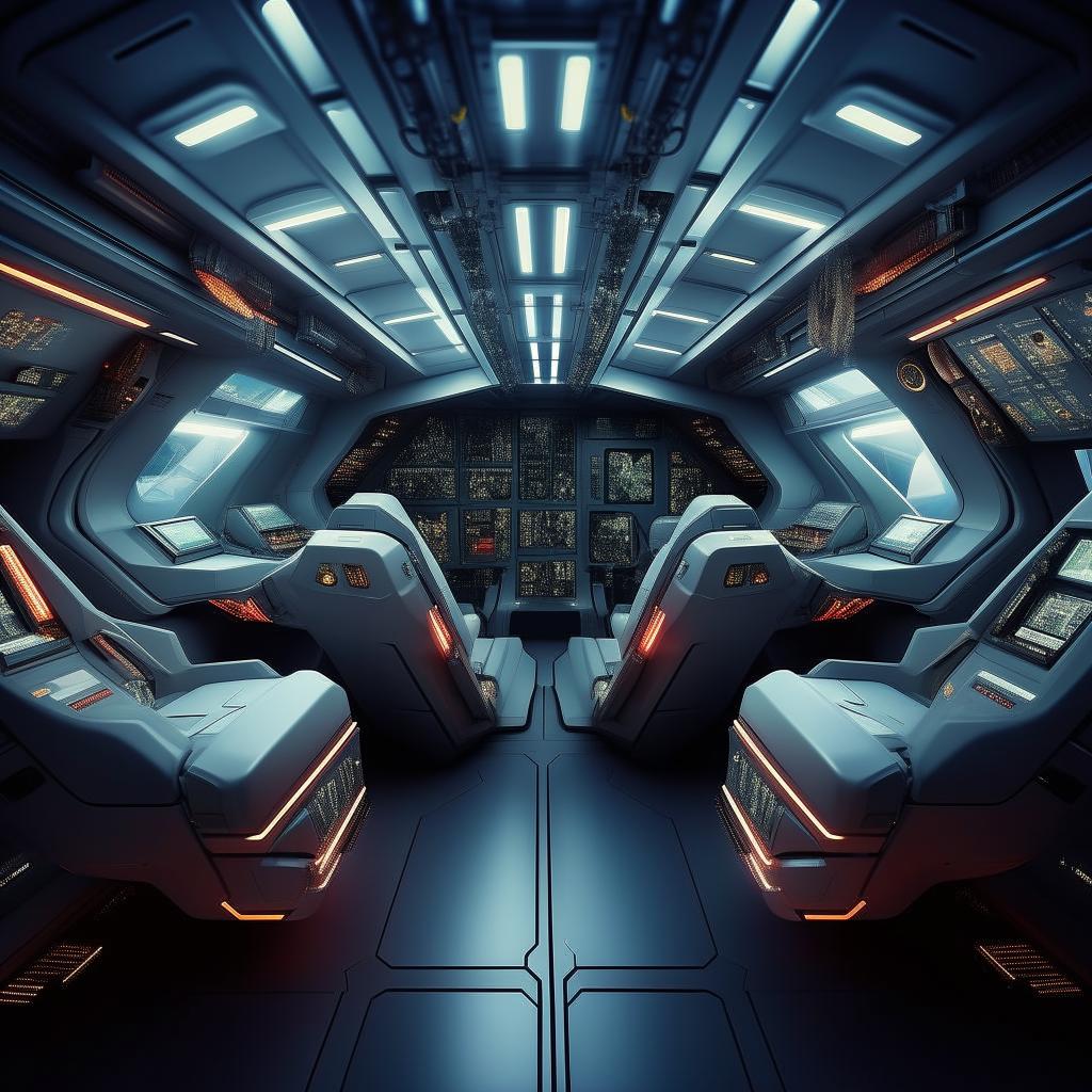 interior of a four-seater futuristic jet fighter with interceptor devices