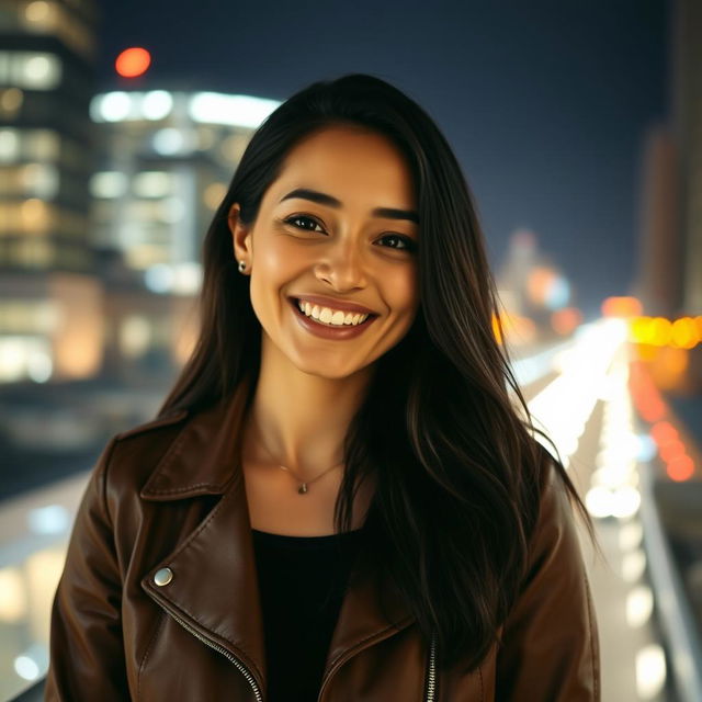 A portrait of a 35-year-old American woman with long dark hair, smiling warmly