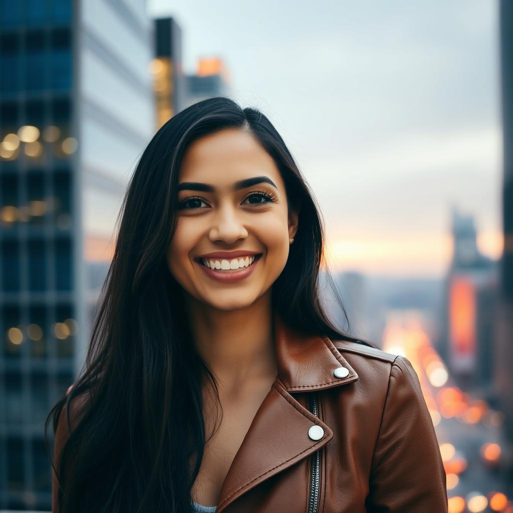 A portrait of a 35-year-old American woman with long dark hair, smiling warmly