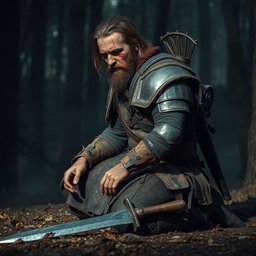 A half-dead warrior with a rugged appearance, dressed in tattered medieval armor