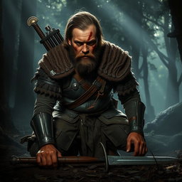 A half-dead warrior with a rugged appearance, dressed in tattered medieval armor