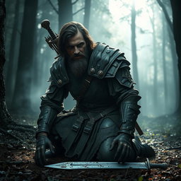 A half-dead warrior with a rugged appearance, dressed in tattered medieval armor