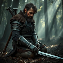 A half-dead warrior with a rugged appearance, dressed in tattered medieval armor