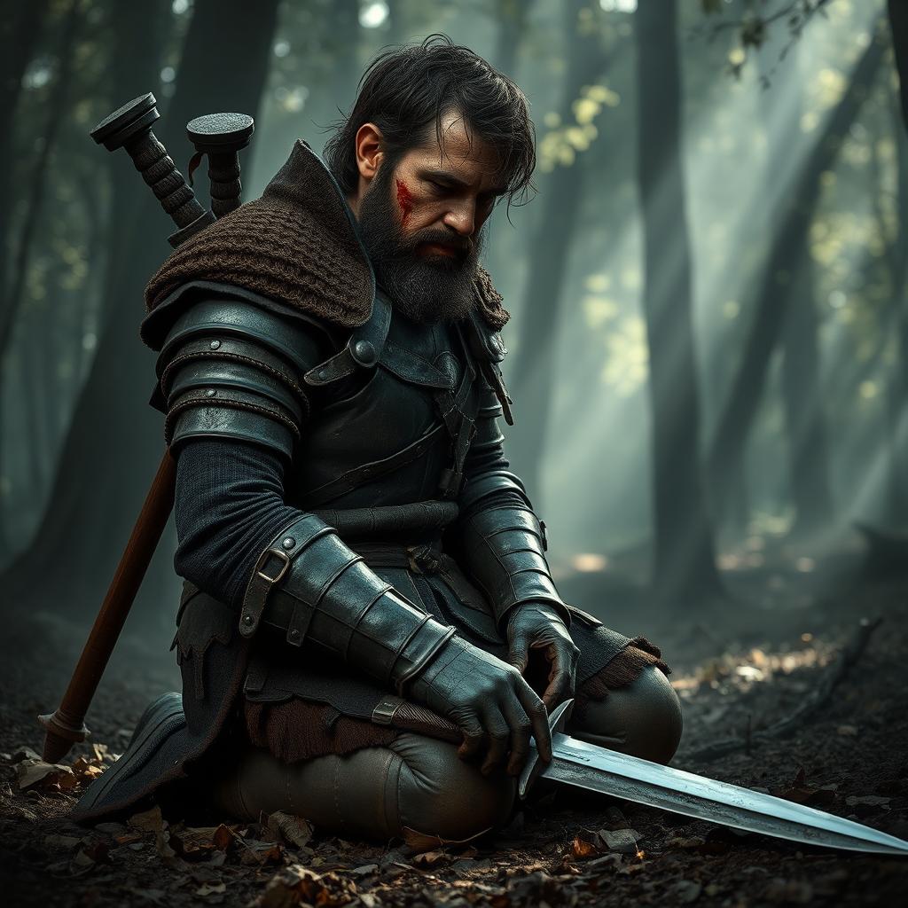 A half-dead warrior with a rugged appearance, dressed in tattered medieval armor