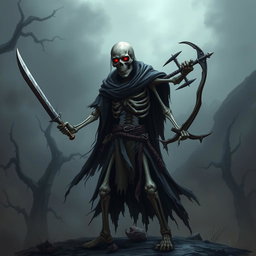 An eerie, skeletal warrior standing menacingly in a dark, foggy landscape, wielding a short sword in one hand and a shortbow in the other