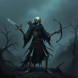 An eerie, skeletal warrior standing menacingly in a dark, foggy landscape, wielding a short sword in one hand and a shortbow in the other