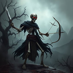 An eerie, skeletal warrior standing menacingly in a dark, foggy landscape, wielding a short sword in one hand and a shortbow in the other