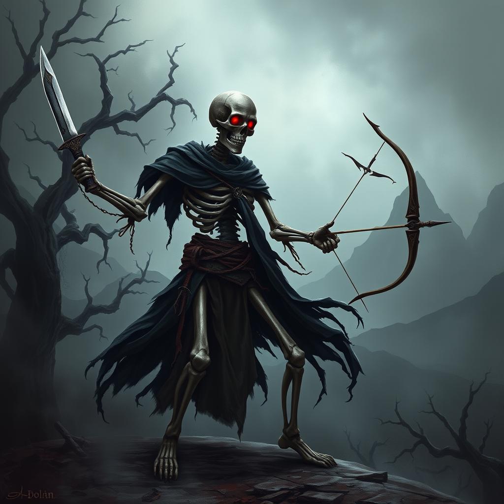An eerie, skeletal warrior standing menacingly in a dark, foggy landscape, wielding a short sword in one hand and a shortbow in the other