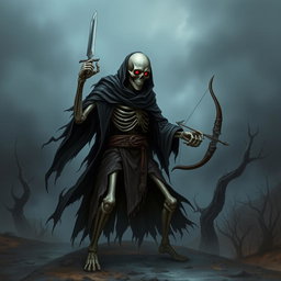 An eerie, skeletal warrior standing menacingly in a dark, foggy landscape, wielding a short sword in one hand and a shortbow in the other