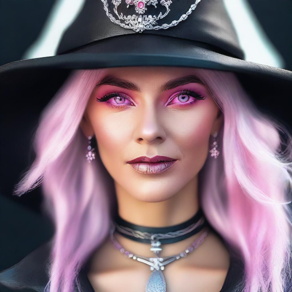 Generate an image of a modern female witch with striking pink eyes, silvery gray hair and adorned with stylish leather jewelry