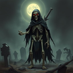 A menacing skeleton standing upright, with a fierce expression and glowing red eyes