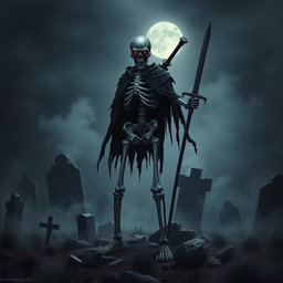 A menacing skeleton standing upright, with a fierce expression and glowing red eyes