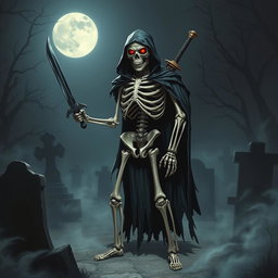 A menacing skeleton standing upright, with a fierce expression and glowing red eyes
