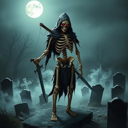 A menacing skeleton standing upright, with a fierce expression and glowing red eyes