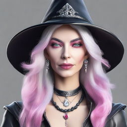 Generate an image of a modern female witch with striking pink eyes, silvery gray hair and adorned with stylish leather jewelry