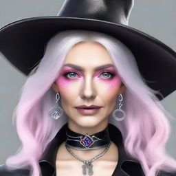 Generate an image of a modern female witch with striking pink eyes, silvery gray hair and adorned with stylish leather jewelry