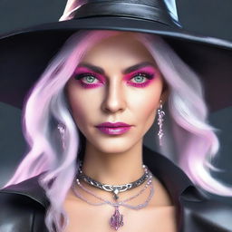 Generate an image of a modern female witch with striking pink eyes, silvery gray hair and adorned with stylish leather jewelry