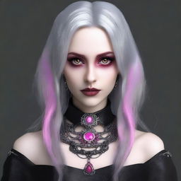 Generate an image of a gothic female with intense pink eyes, and gray hair, accessorised with unique leather jewelry.