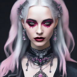 Generate an image of a gothic female with intense pink eyes, and gray hair, accessorised with unique leather jewelry.