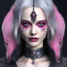 Generate an image of a gothic female with intense pink eyes, and gray hair, accessorised with unique leather jewelry.