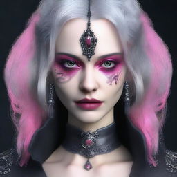 Generate an image of a gothic female with intense pink eyes, and gray hair, accessorised with unique leather jewelry.