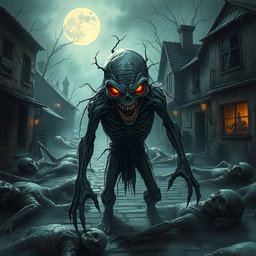 A sinister ghoul lurking menacingly in a desolate village setting, characterized by its decaying, ghastly appearance and glowing, hungry eyes