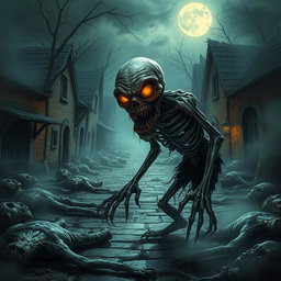 A sinister ghoul lurking menacingly in a desolate village setting, characterized by its decaying, ghastly appearance and glowing, hungry eyes