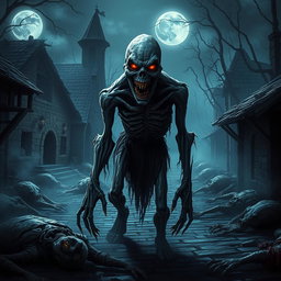 A sinister ghoul lurking menacingly in a desolate village setting, characterized by its decaying, ghastly appearance and glowing, hungry eyes