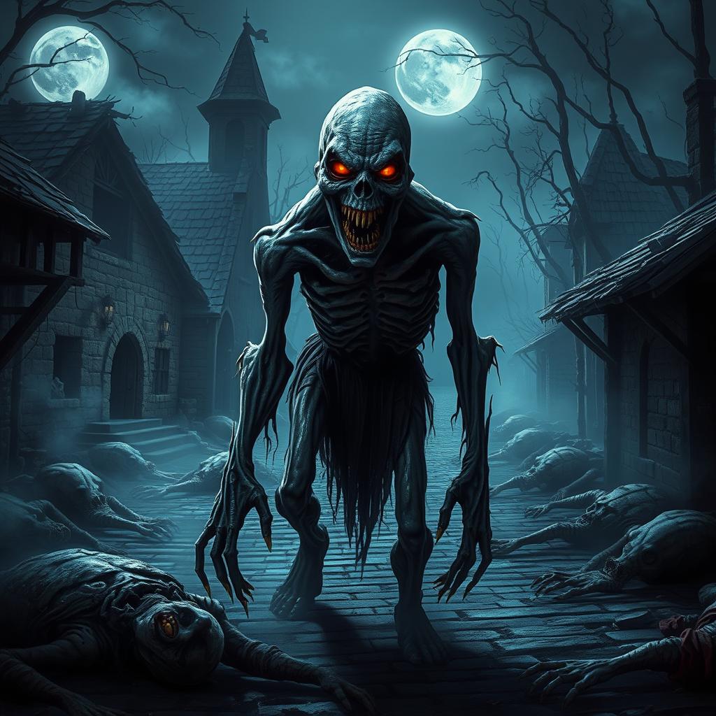 A sinister ghoul lurking menacingly in a desolate village setting, characterized by its decaying, ghastly appearance and glowing, hungry eyes