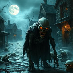 A sinister ghoul lurking menacingly in a desolate village setting, characterized by its decaying, ghastly appearance and glowing, hungry eyes