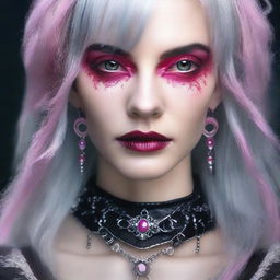 Generate an image of a gothic female with intense pink eyes, and gray hair, accessorised with unique leather jewelry.