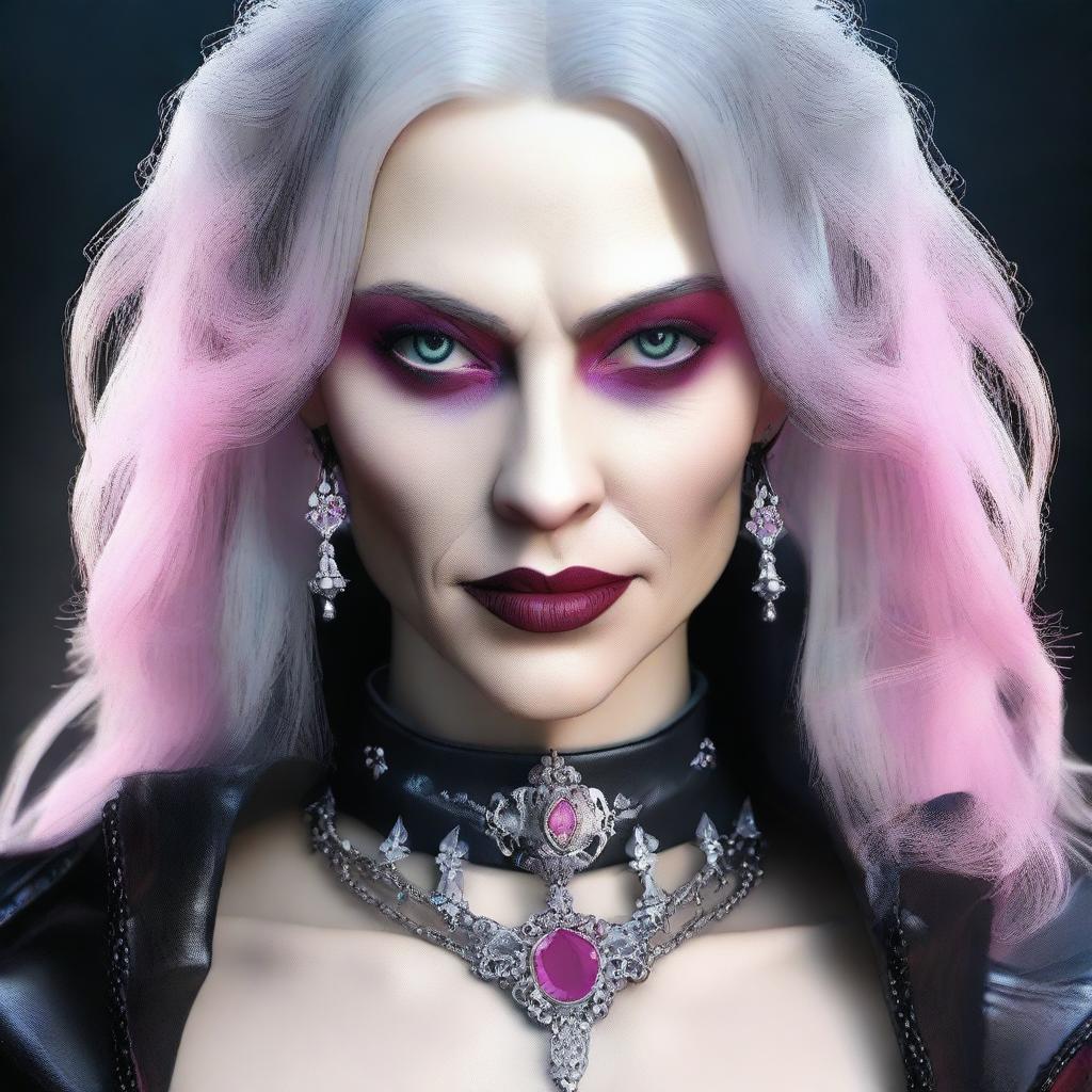 Generate an image of a Gothic vampire female, showcasing pink eyes, gray hair and wearing distinctive leather jewelry.