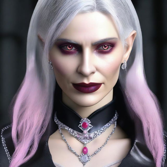 Generate an image of a Gothic vampire female, showcasing pink eyes, gray hair and wearing distinctive leather jewelry.