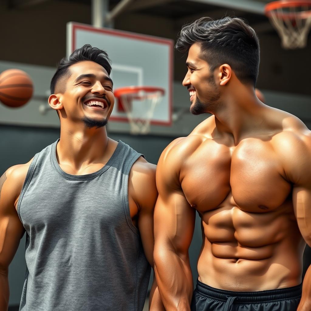 A 22-year-old Mexican male bodybuilder with a muscular physique, wearing a gray sleeveless jersey