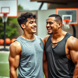 A 22-year-old Mexican male bodybuilder with a muscular physique, wearing a gray sleeveless jersey