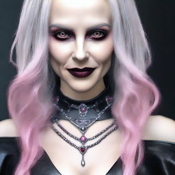 Generate an image of a Gothic vampire female, showcasing pink eyes, gray hair and wearing distinctive leather jewelry.