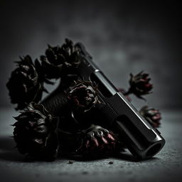 A dark toned image featuring a gun surrounded by wilting dark flowers with sharp thorns