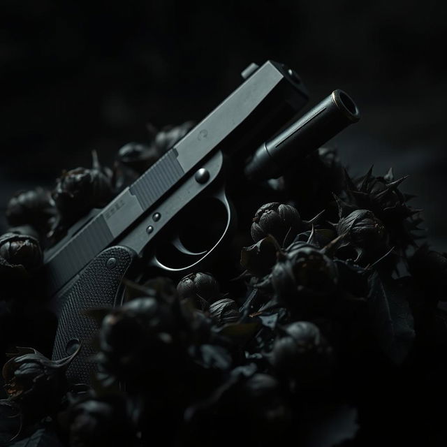 A dark toned image featuring a gun surrounded by wilting dark flowers with sharp thorns