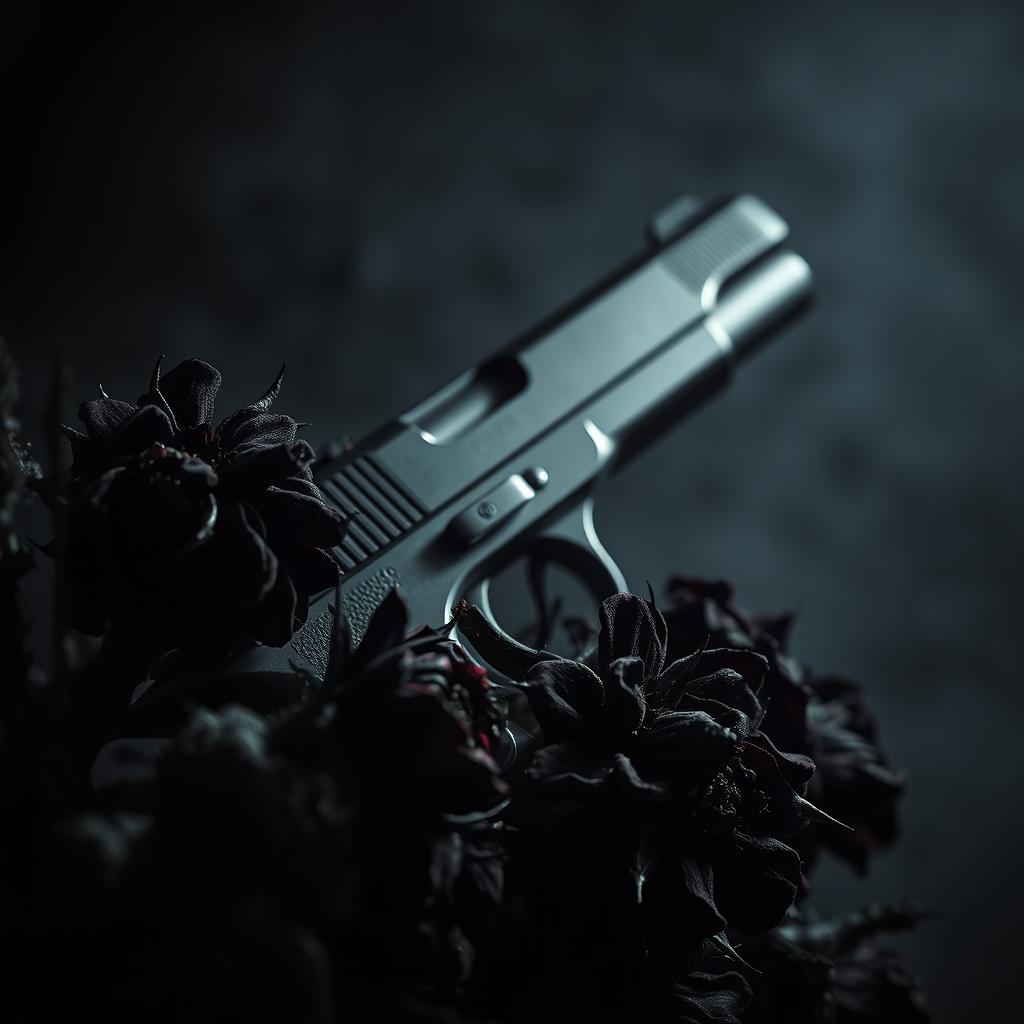 A dark toned image featuring a gun surrounded by wilting dark flowers with sharp thorns