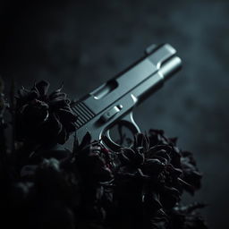 A dark toned image featuring a gun surrounded by wilting dark flowers with sharp thorns