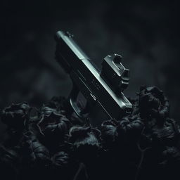 A dark toned image featuring a gun surrounded by wilting dark flowers with sharp thorns