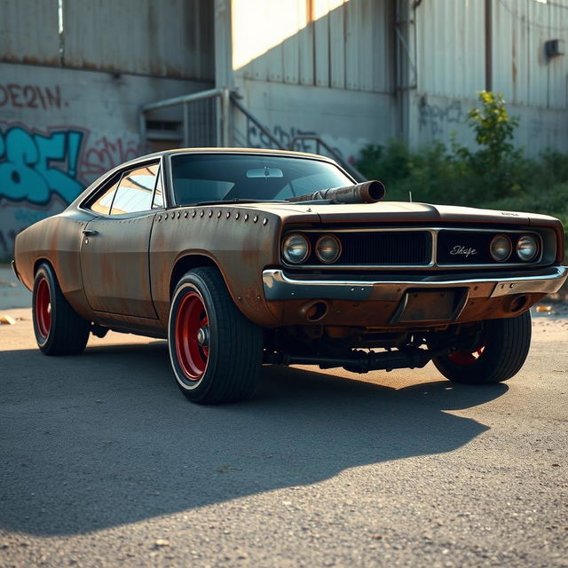 A vintage 2007 Dodge Charger modified into a rusty rat rod, showcasing riveted metal panels that give it a rugged, industrial look