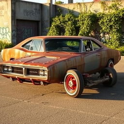A vintage 2007 Dodge Charger modified into a rusty rat rod, showcasing riveted metal panels that give it a rugged, industrial look