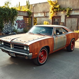 A vintage 2007 Dodge Charger modified into a rusty rat rod, showcasing riveted metal panels that give it a rugged, industrial look