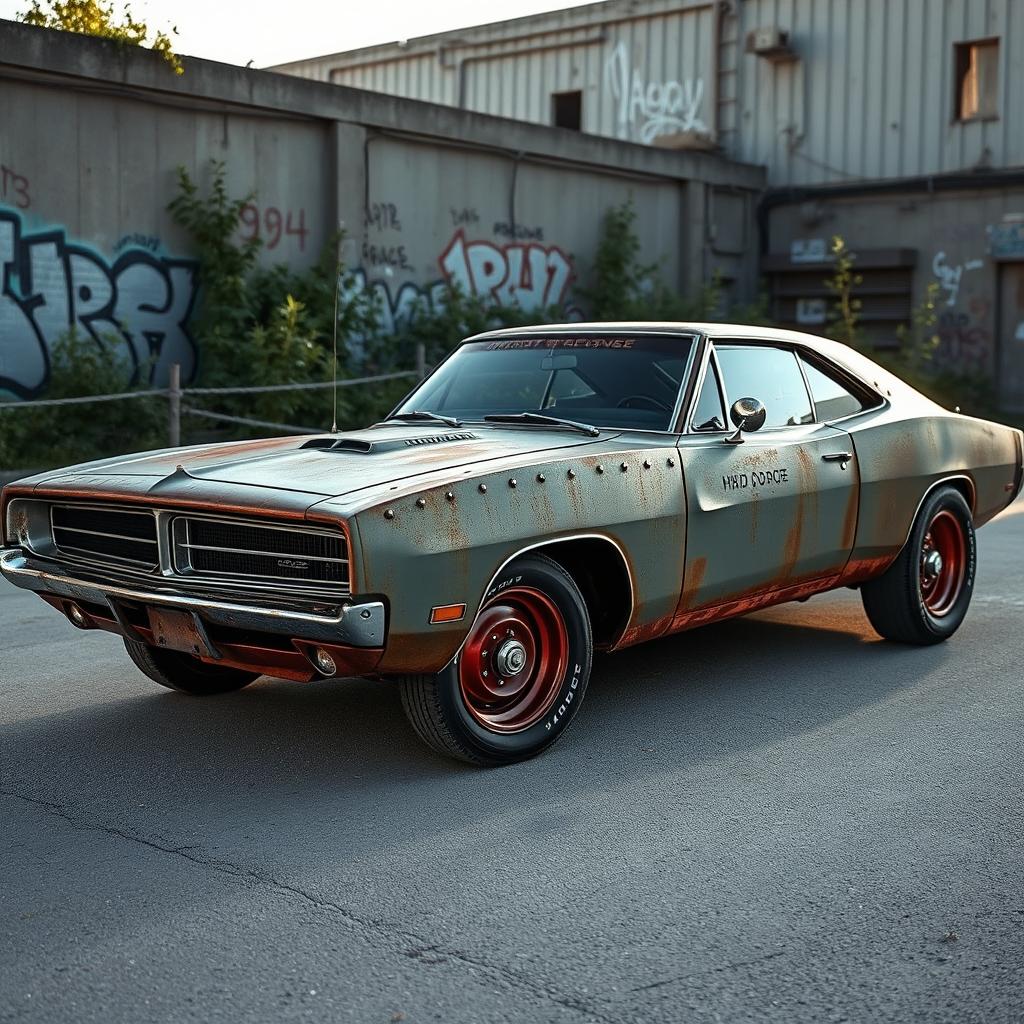 A vintage 2007 Dodge Charger modified into a rusty rat rod, showcasing riveted metal panels that give it a rugged, industrial look